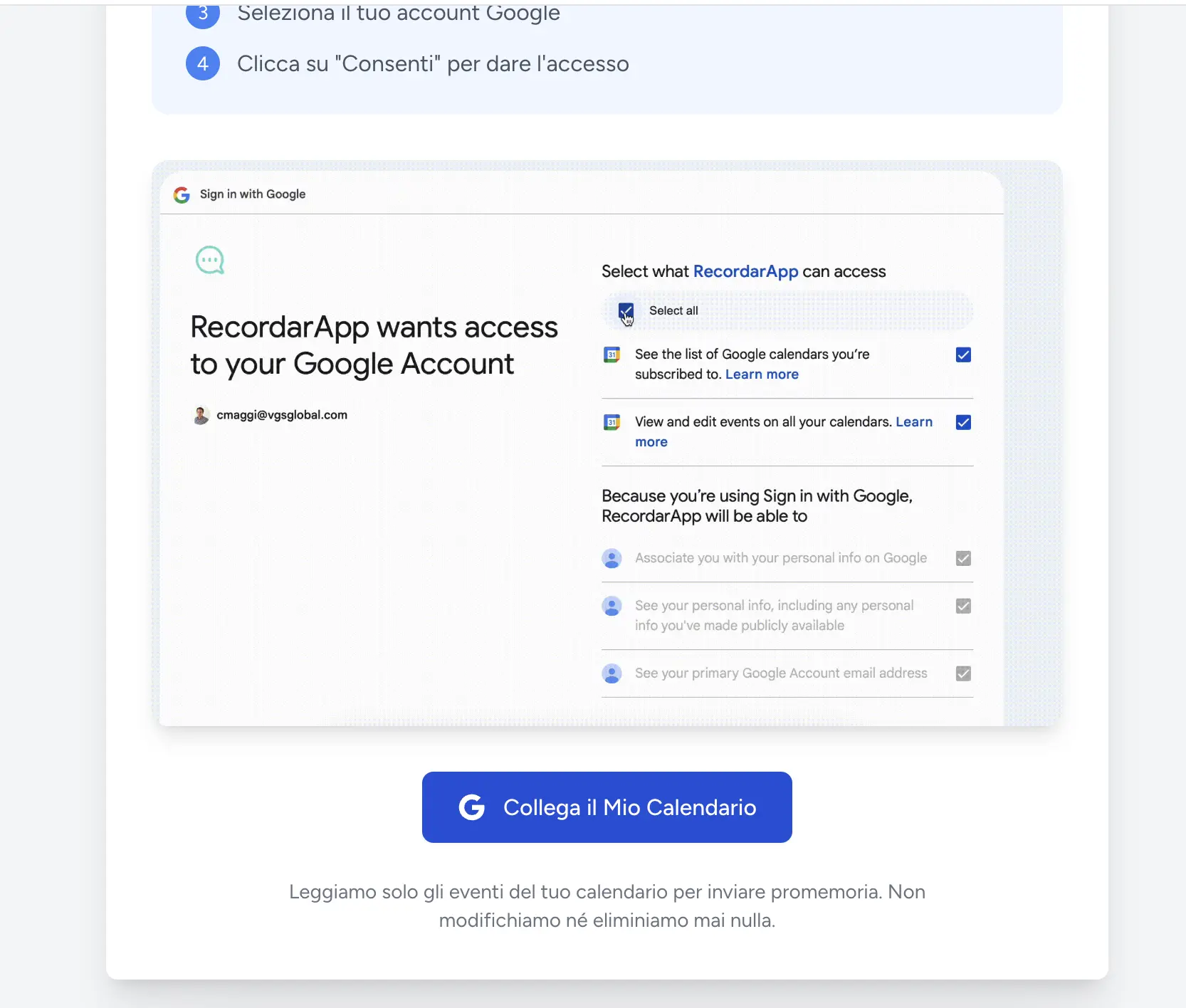 Schermata di collegamento del calendario Google